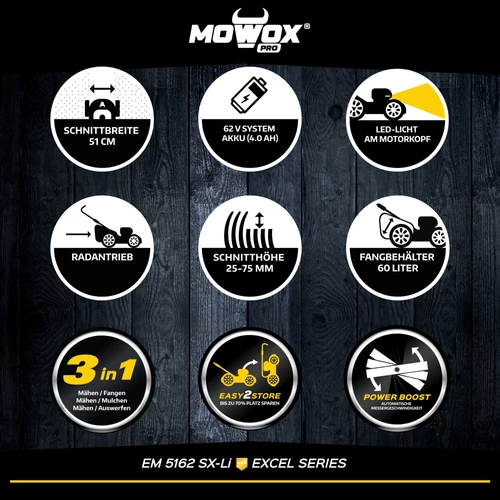 Fűnyíró akkus MOWOX PRO EM 5162 SX-Li 62V 4Ah 51cm ÖNJ. 3IN1 kép 3